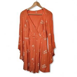Free People Womens Jasmine Embroidered Bell Sleeve Papaya Mini Dress Size 8 Boho
